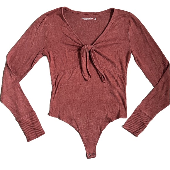ABERCROMBIE & FITCH BURNT ORANGE SOFT LONG SLEEVE V NECK TIE FRONT BODYSUIT - Picture 2 of 10